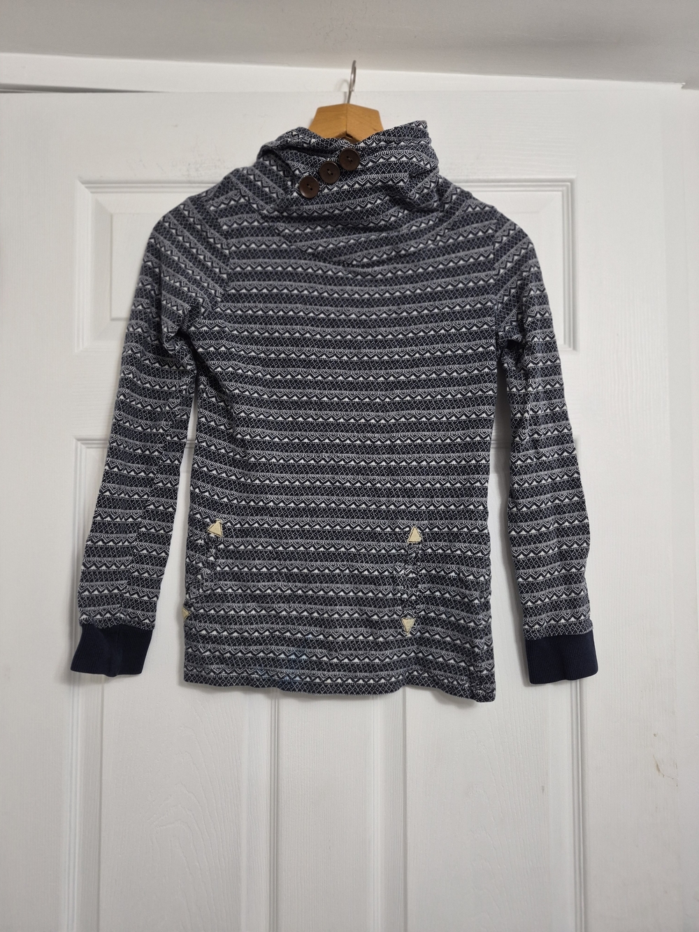 Simons Navy Patterned Cowl Neck Sweater with Button Detail